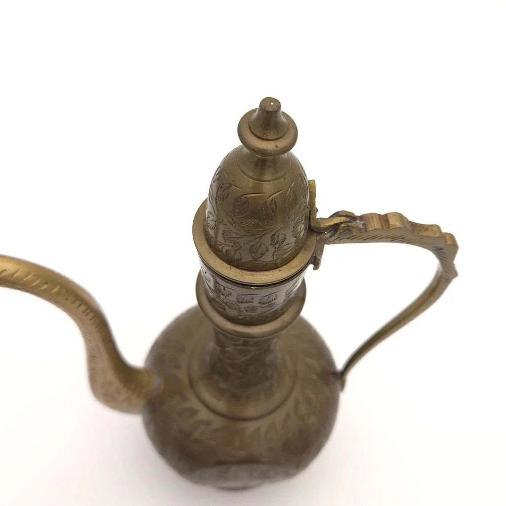 Beautiful Vintage 60s Aftaba Ewer Indian Brass Tea coffee Pot Signed Hand carved